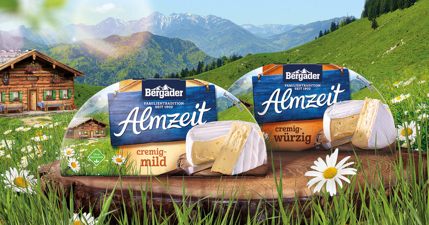 Käse Bergkäse cremig-mild cremig-würzig Weide Hütte Alm Natur Bergader Relaunch neues Design Verpackungsdesign Berndt+Partner Packaging Agency