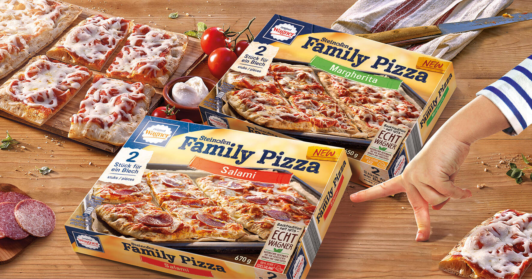 Pizza Wagner Redesign neu Design und Packaging Agentur Steinofen Tiefkühlpizza Salami knusprig lecker Logo veggie vegetarisch Margharita Family Kinder frisch