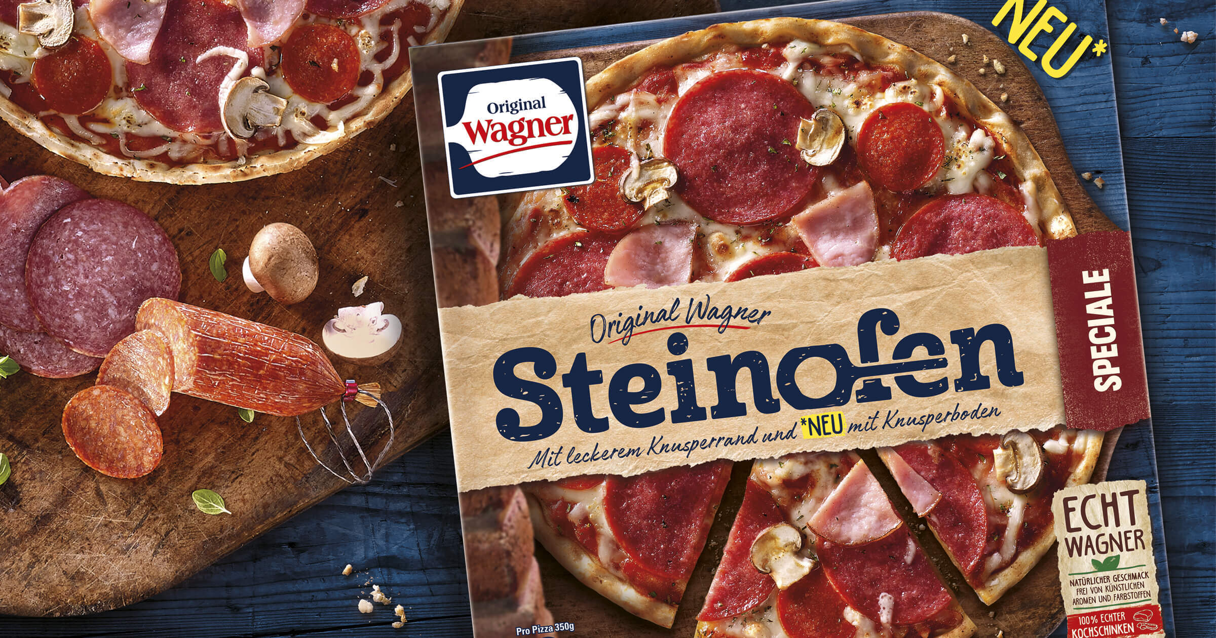 Pizza Wagner Redesign neu Design und Packaging Agentur Steinofen Tiefkühlpizza Salami knusprig lecker Logo