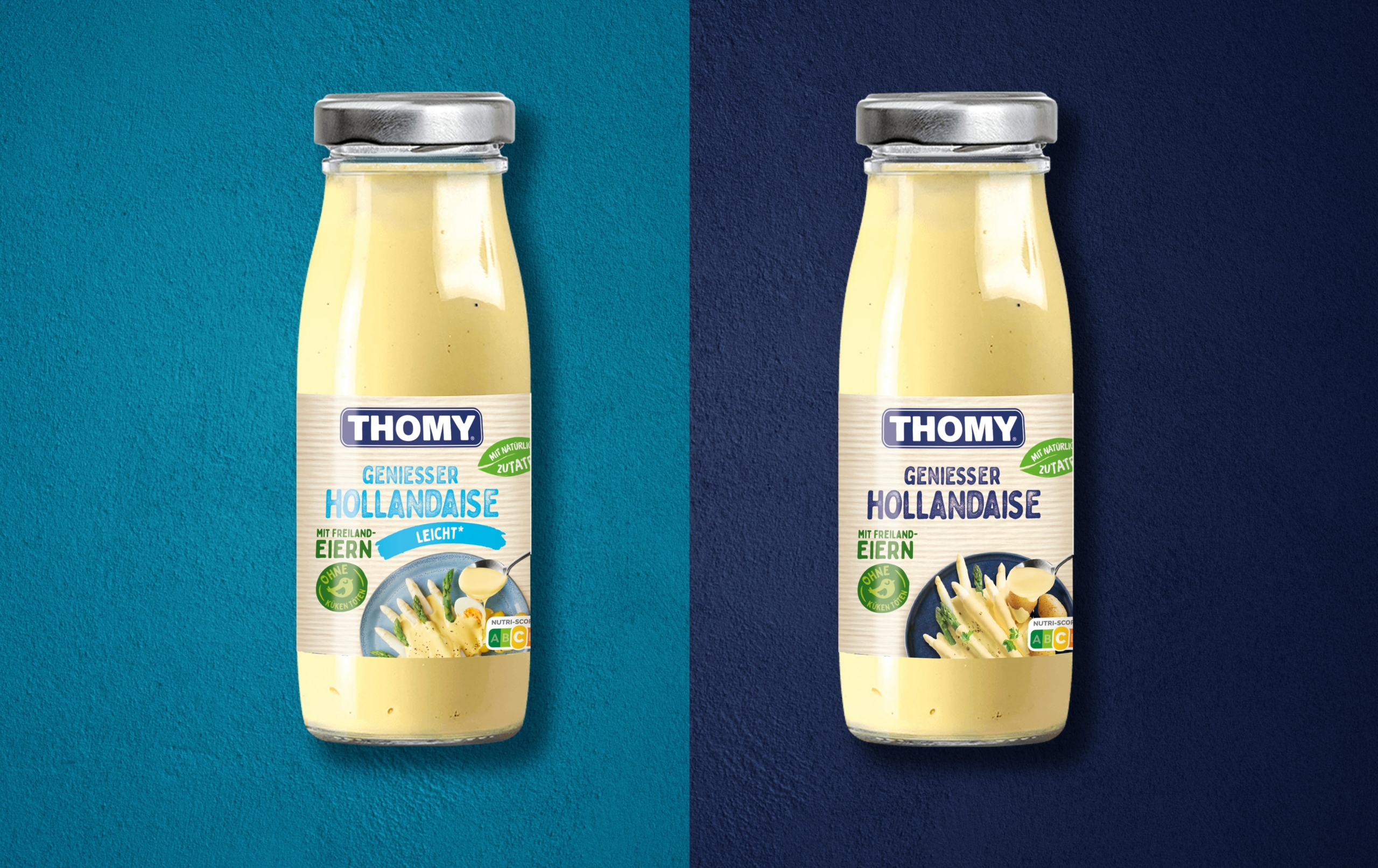 Zwei flaschen von Thomy Sauce Hollandaise im neuen Design