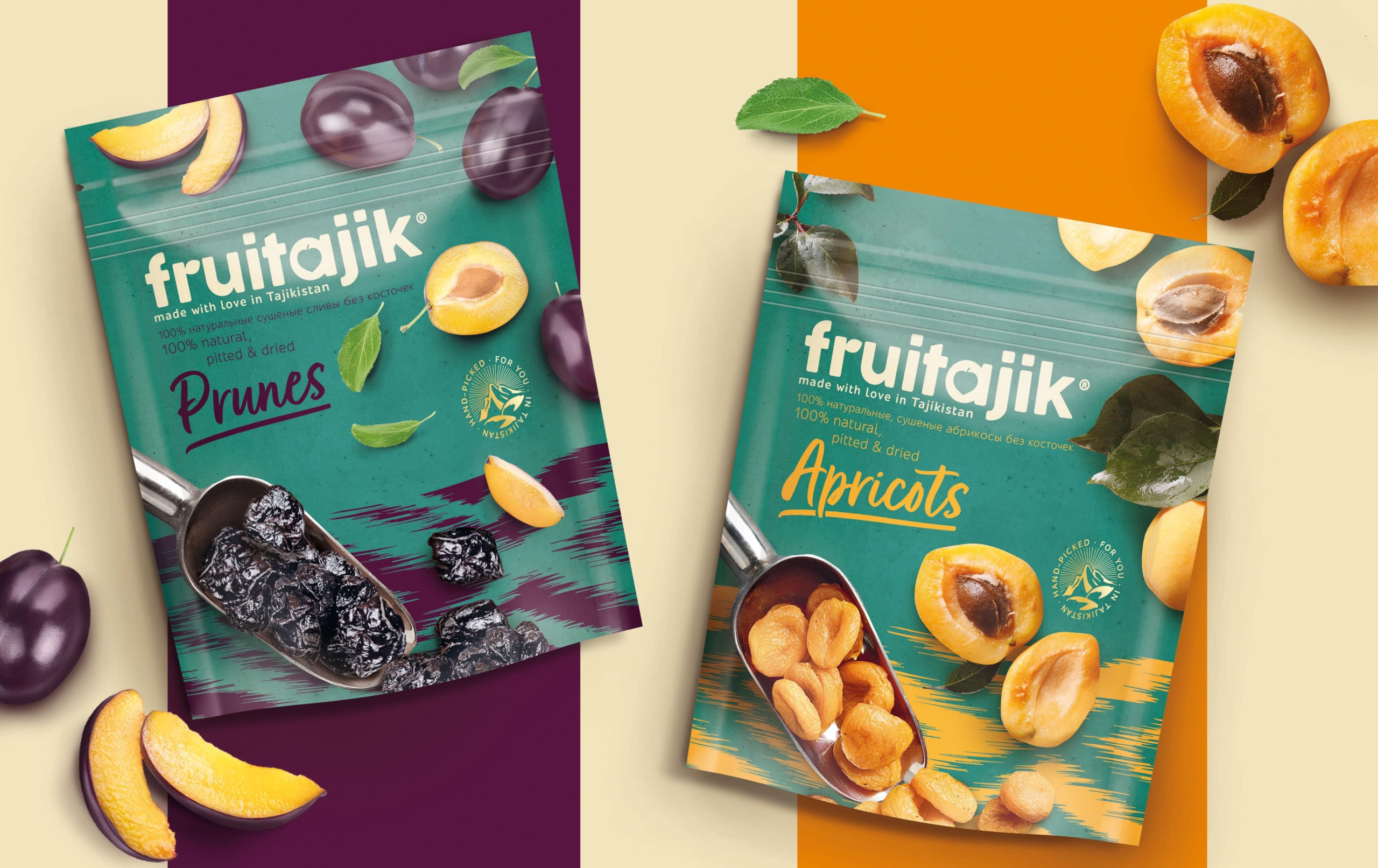 Visualisierung des Packaging designs für Beutel von Fruitajik getrocknete Aprikosen und Pflaumen