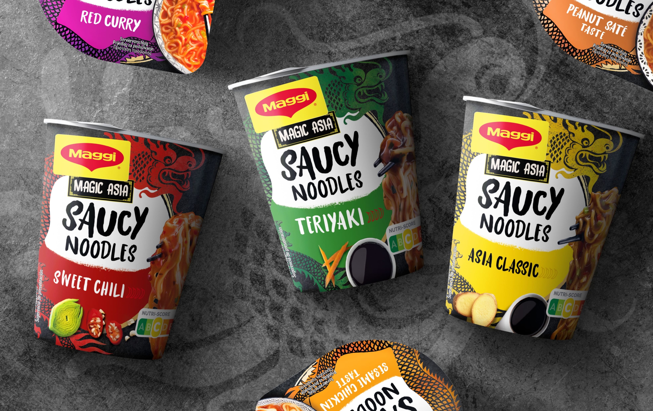 Komposition des Packaging Designs für Maggi Magic Asia Saucy Noodles
