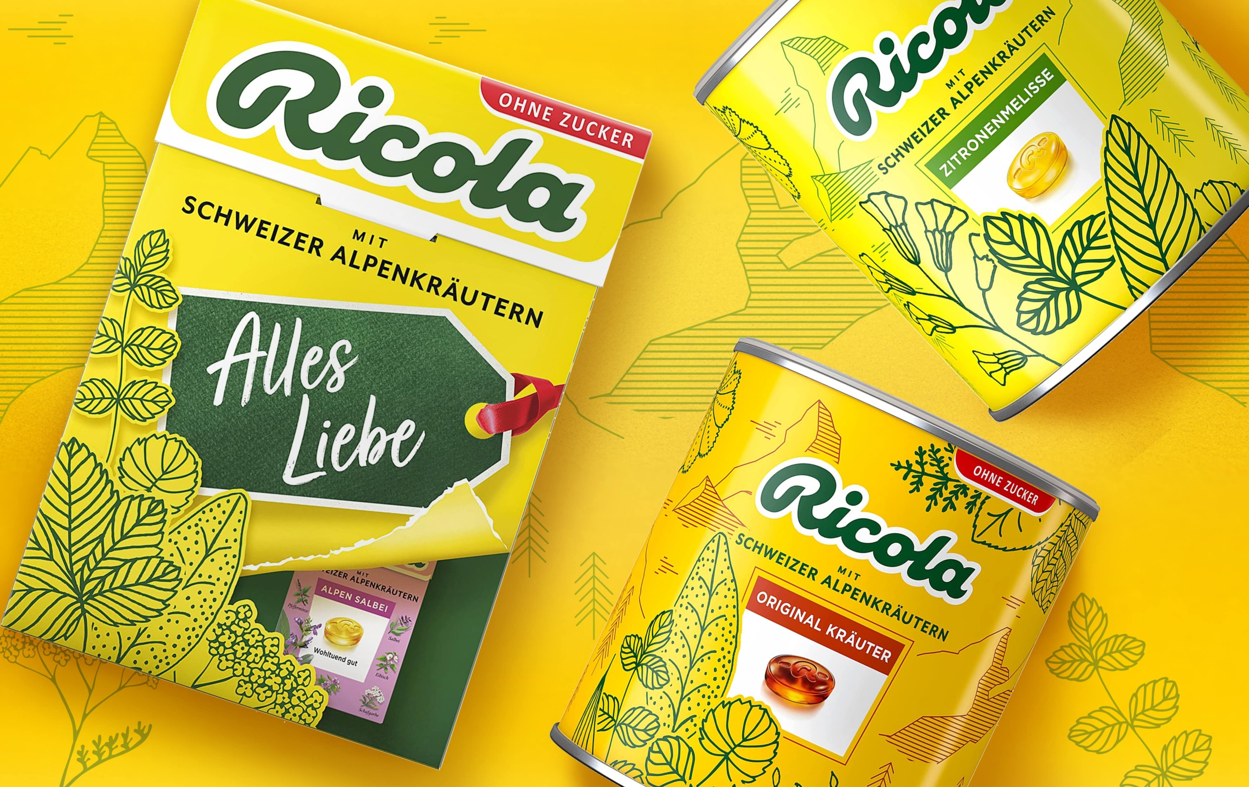 Ricola-Redesign von Berndt+Partner-Creality auf gelbem Hintergrund
